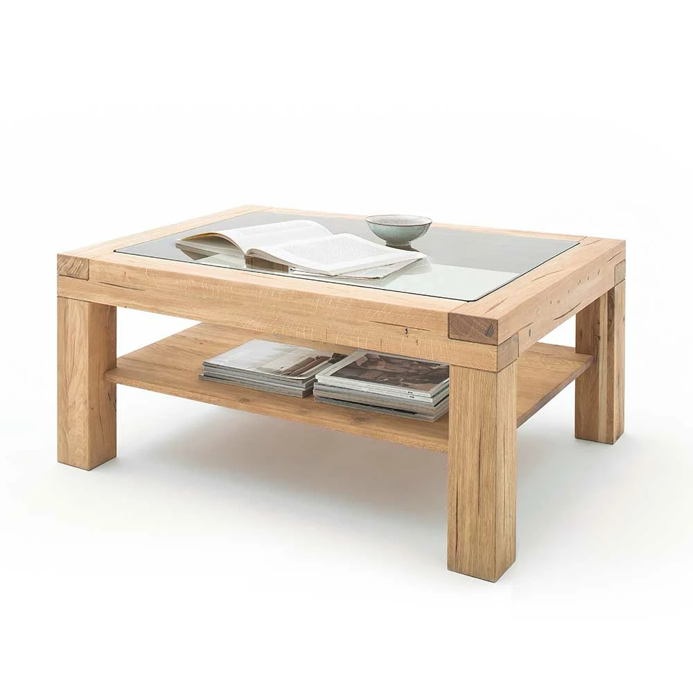 120x70 Wildeiche Sofatisch Mit Glasplatte - Yana – Bild 2