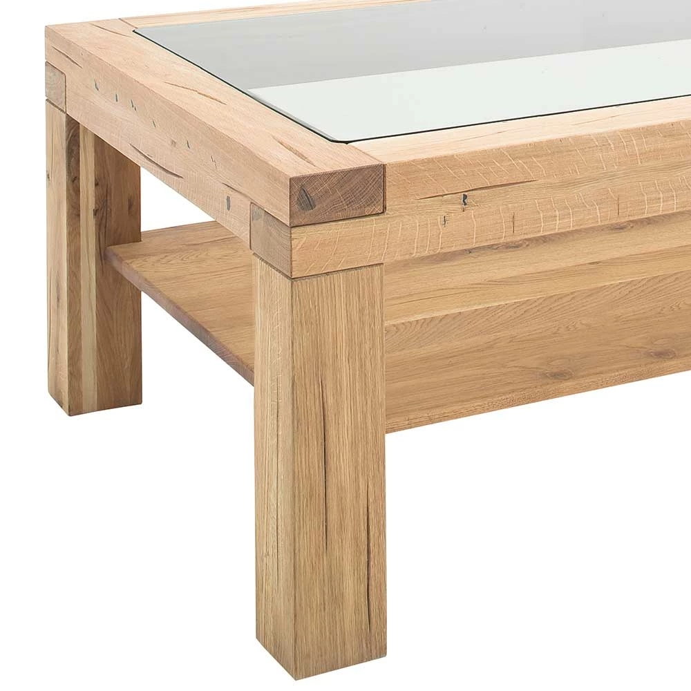 120x70 Wildeiche Sofatisch Mit Glasplatte - Yana – Bild 3