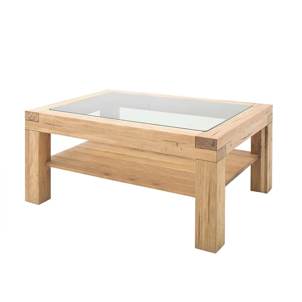 120x70 Wildeiche Sofatisch Mit Glasplatte - Yana