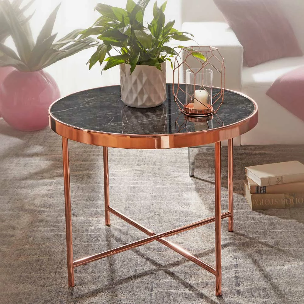 60cm Runder Sofatisch Im Marmor Design Schwarz - Verenetica 2 60cm Runder Sofatisch Im Marmor Design Schwarz - Verenetica – Bild 2