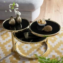 Design Wohnzimmertisch Mit 3 Glas Platten - Santorina -Bouquet-shop design wohnzimmertisch mit 3 glas platten in schwarz metall gold santorina 02