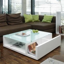 Alternative view of Hochglanz Couchtisch In Weiß Mit Glasplatte - Imtrador