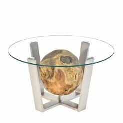 Runder Glas-Couchtisch Melica Mit Schwebener Kugel Aus Wurzelholz