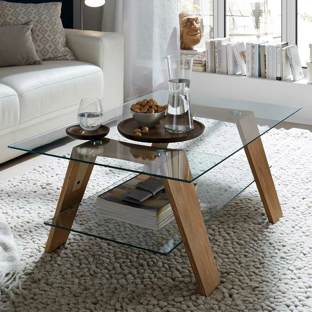 Wohnzimmer Glastisch Mit Ablage & Holzbeinen - Jannik 2 Wohnzimmer Glastisch Mit Ablage & Holzbeinen - Jannik – Bild 2