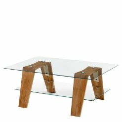 Wohnzimmer Glastisch Mit Ablage & Holzbeinen - Jannik